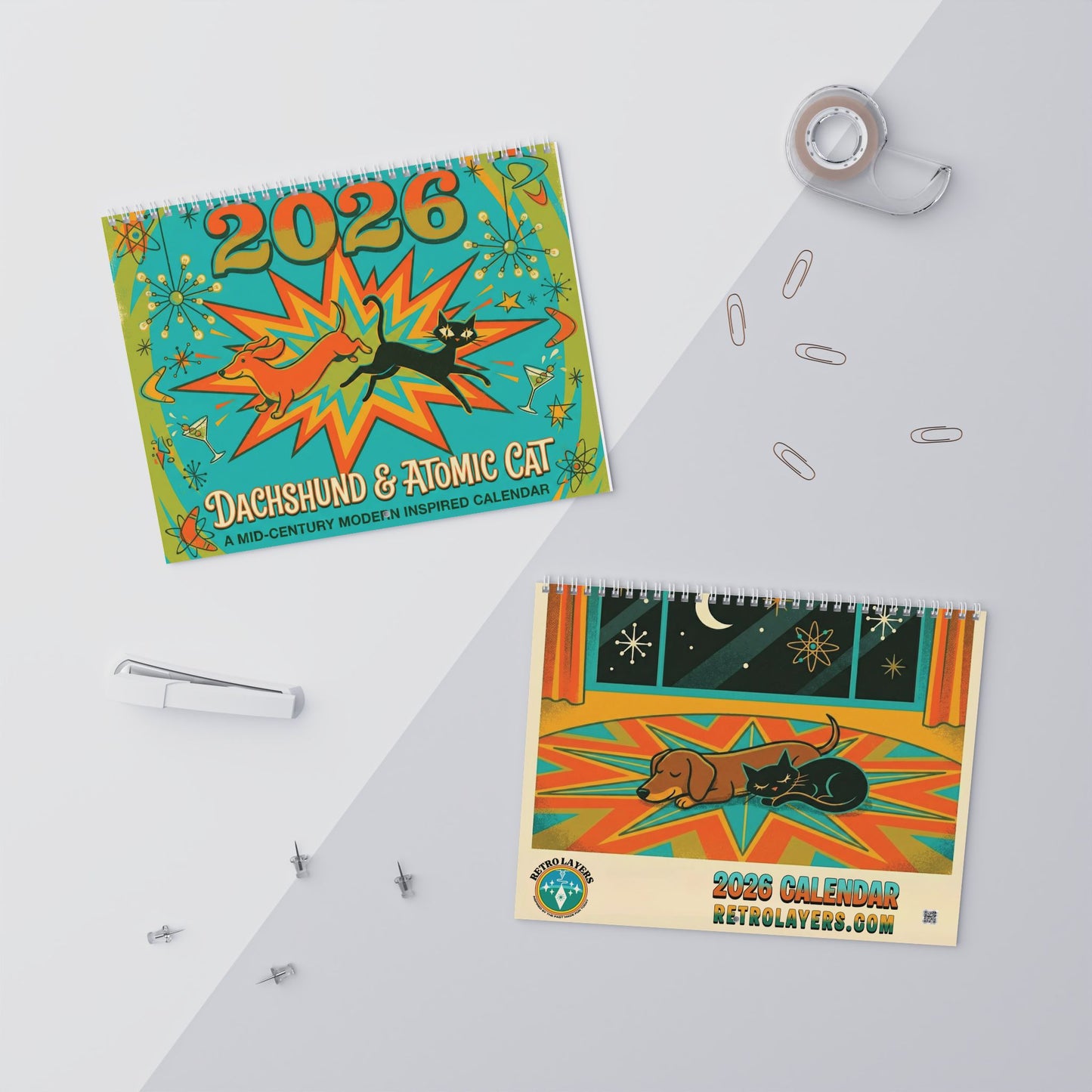 Mid Century Modern Dachshund & Atomic Cat Wall Calendar 2026