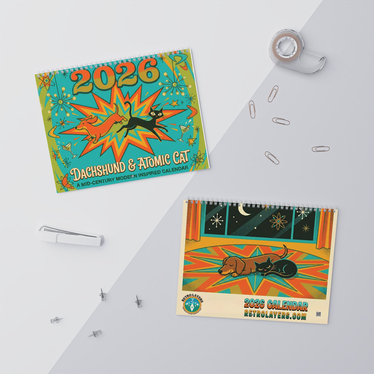 Mid Century Modern Dachshund & Atomic Cat Wall Calendar 2026