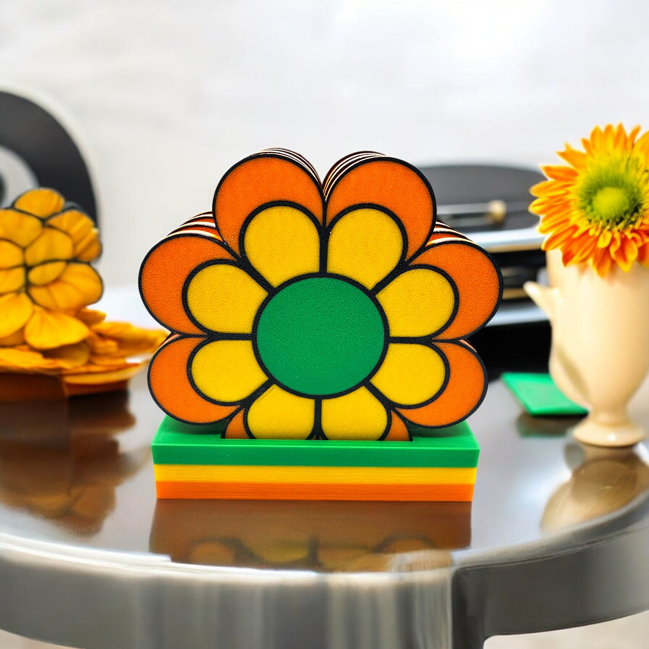 Groovy 1960s 70s Flower Power Coaster Set of 4 with Holder