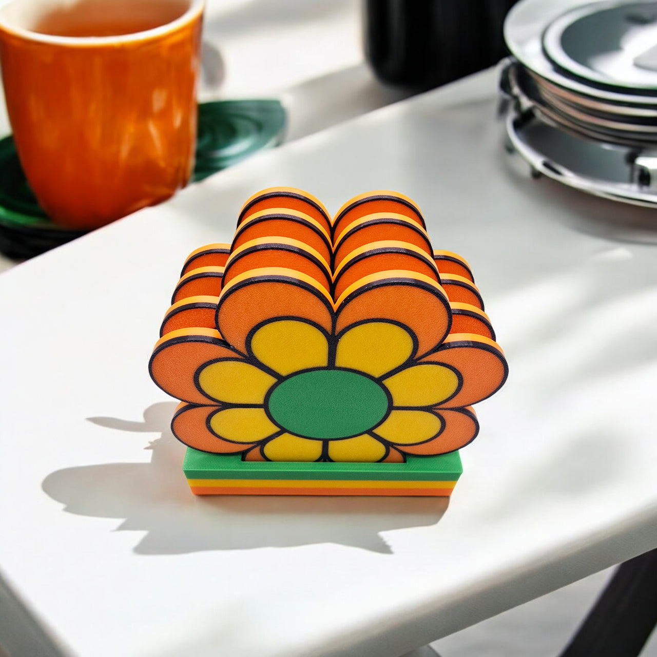 Groovy 1960s 70s Flower Power Coaster Set of 4 with Holder