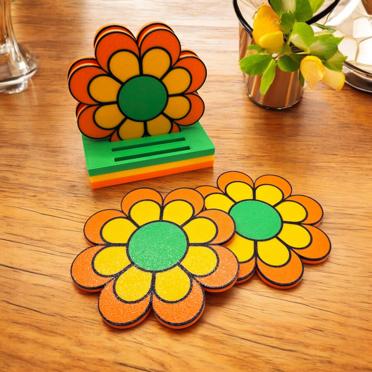 Groovy 1960s 70s Flower Power Coaster Set of 4 with Holder