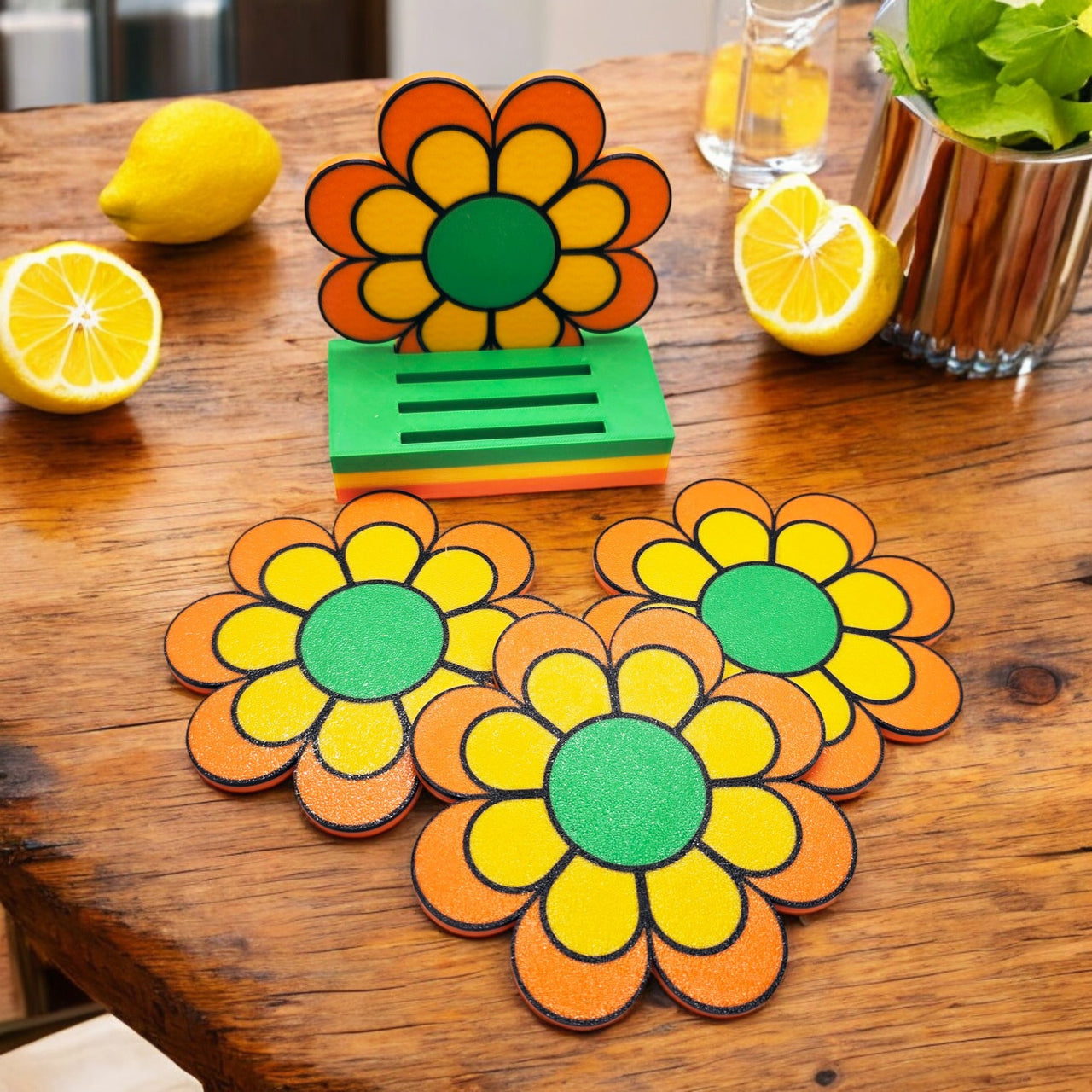 Groovy 1960s 70s Flower Power Coaster Set of 4 with Holder