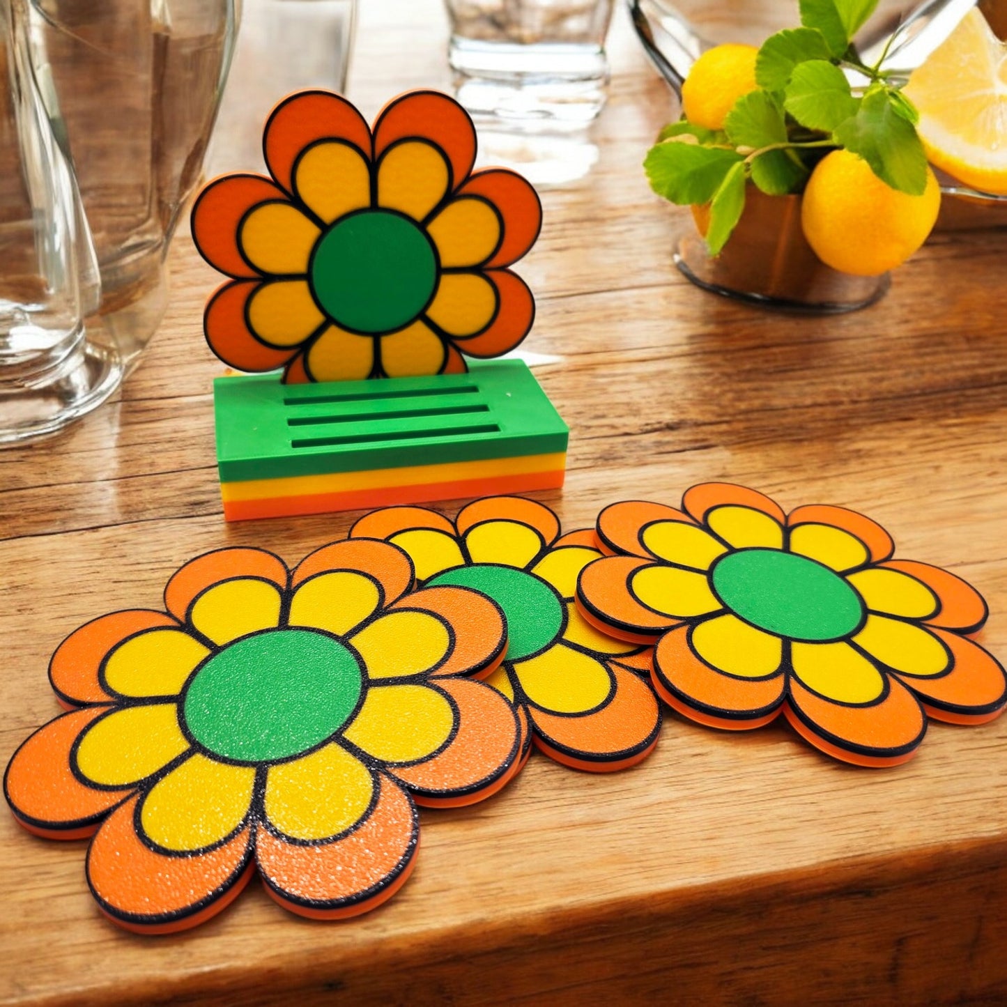 Flower Power Coaster Set of 4 with Holder