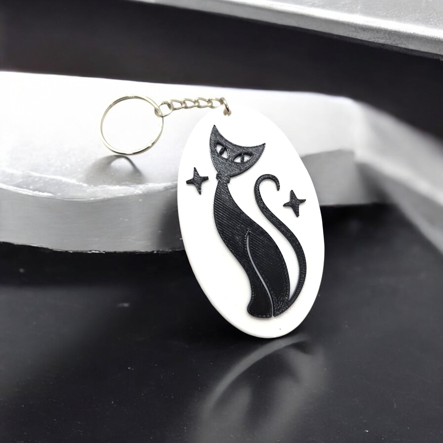 Retro Atomic Cat Oblong Keychain