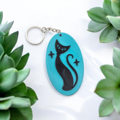 Retro Atomic Cat Oblong Keychain