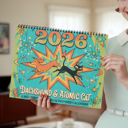 Mid Century Modern Dachshund & Atomic Cat Wall Calendar 2026