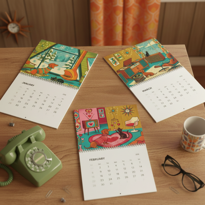 Mid Century Modern Dachshund & Atomic Cat Wall Calendar 2026
