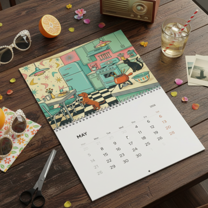 Mid Century Modern Dachshund & Atomic Cat Wall Calendar 2026