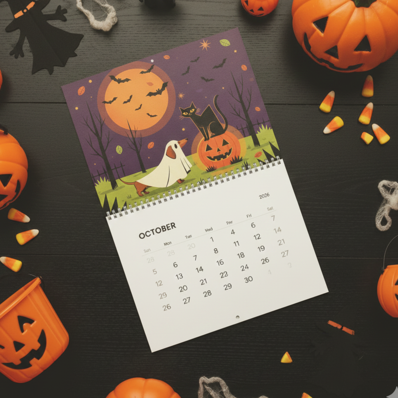 Mid Century Modern Dachshund & Atomic Cat Wall Calendar 2026