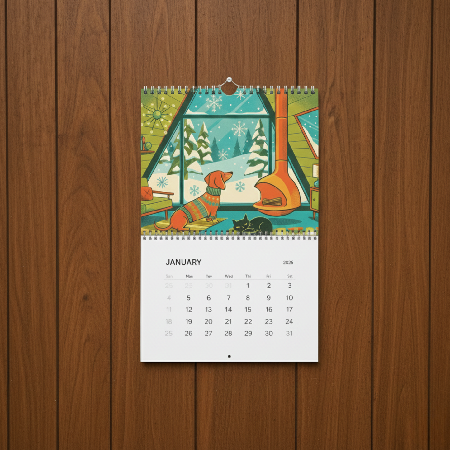 Mid Century Modern Dachshund & Atomic Cat Wall Calendar 2026