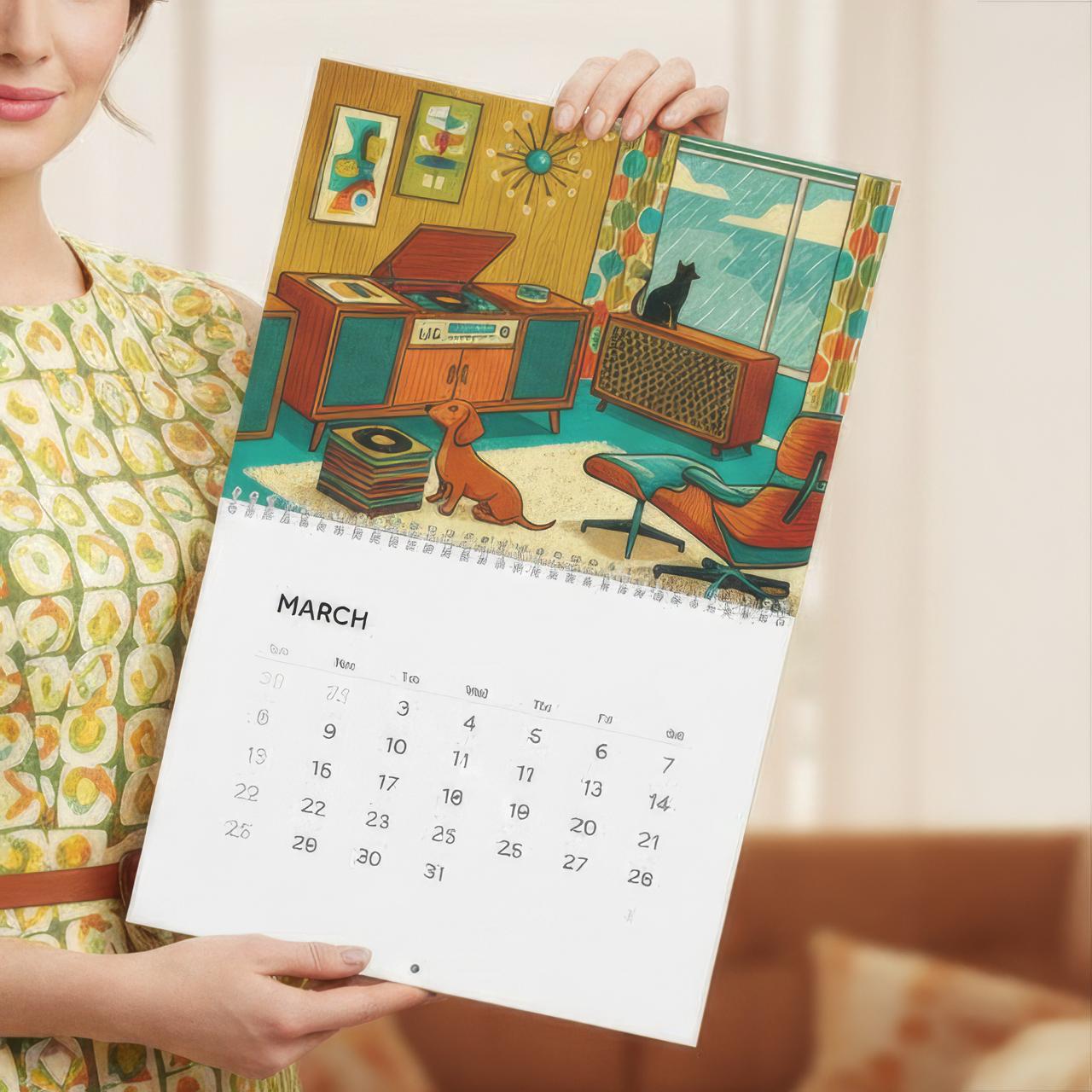 Mid Century Modern Dachshund & Atomic Cat Wall Calendar 2026