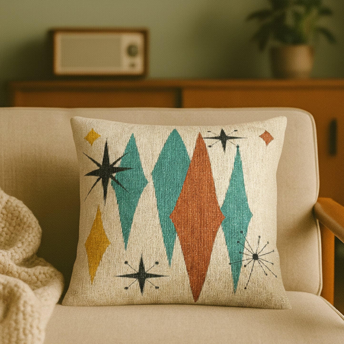 Atomic Starburst Triple Diamond Pillow Mid Century Modern Woven Tapestry Cushion Retro 1950s Decor
