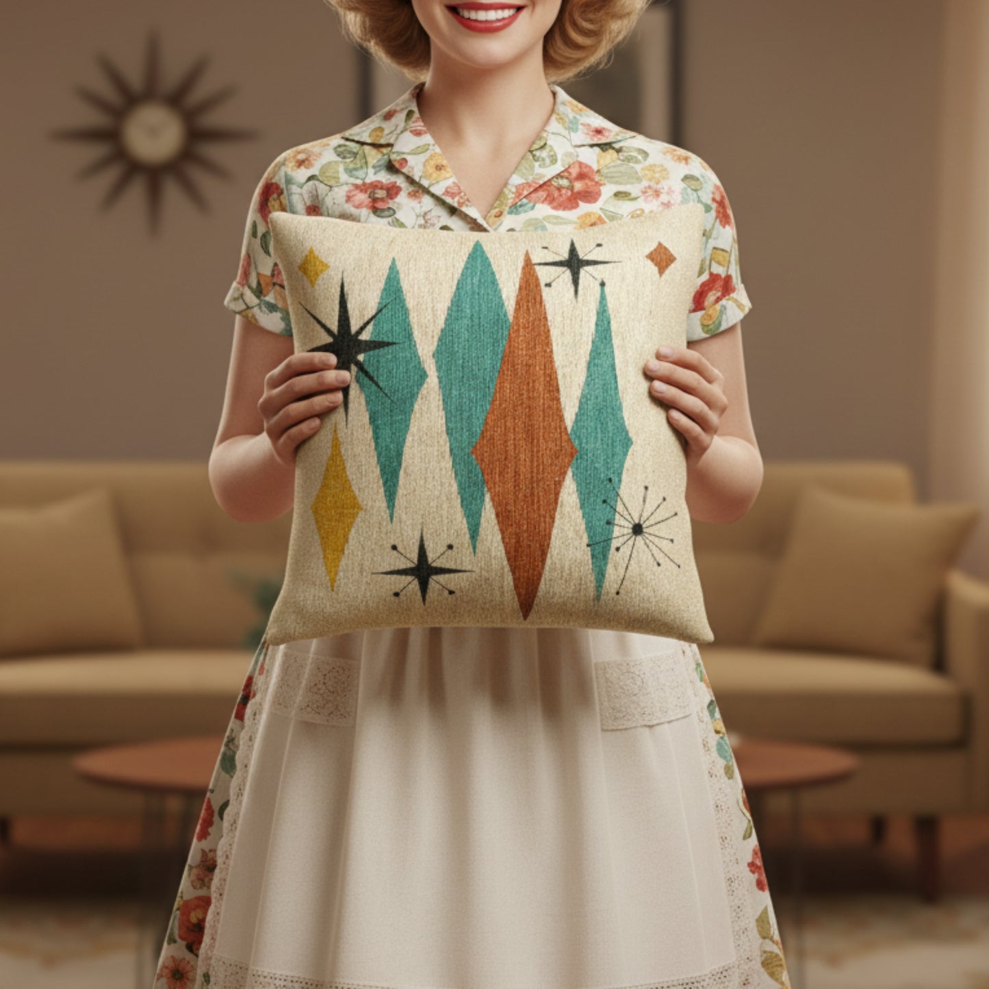 Atomic Starburst Triple Diamond Pillow Mid Century Modern Woven Tapestry Cushion Retro 1950s Decor