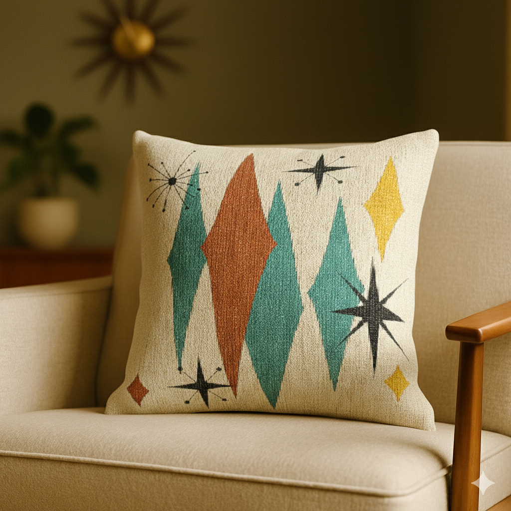 Atomic Starburst Triple Diamond Pillow Mid Century Modern Woven Tapestry Cushion Retro 1950s Decor