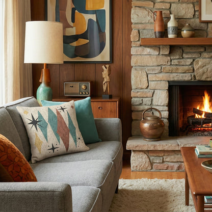 Atomic Starburst Triple Diamond Pillow Mid Century Modern Woven Tapestry Cushion Retro 1950s Decor