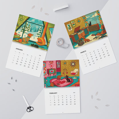 Mid Century Modern Dachshund & Atomic Cat Wall Calendar 2026