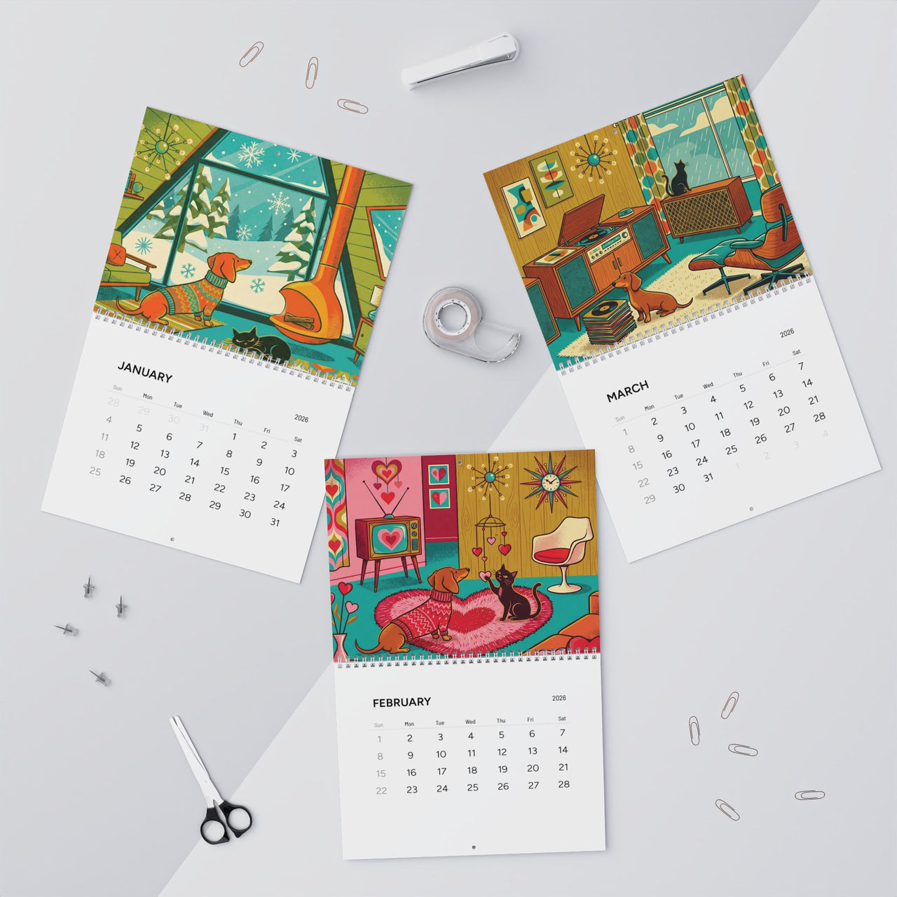 Mid Century Modern Dachshund & Atomic Cat Wall Calendar 2026