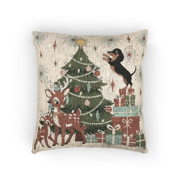 Vintage Style Christmas Mid Century Modern Dachshund Woven Pillow