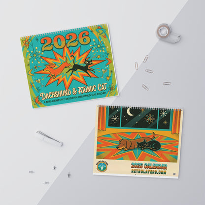 Mid Century Modern Dachshund & Atomic Cat Wall Calendar 2026