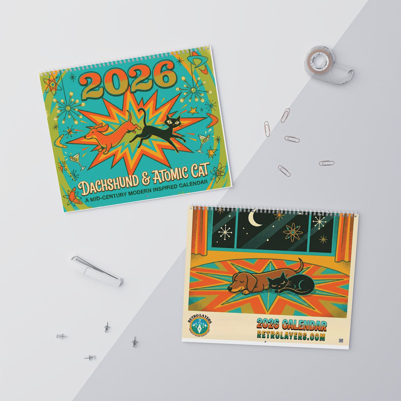 Mid Century Modern Dachshund & Atomic Cat Wall Calendar 2026