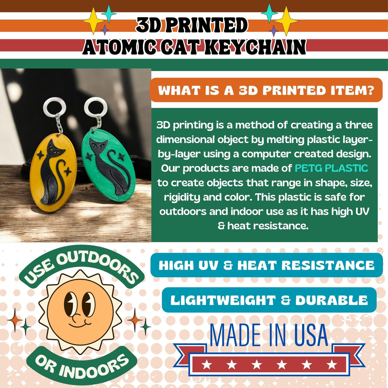 Retro Atomic Cat Oblong Keychain