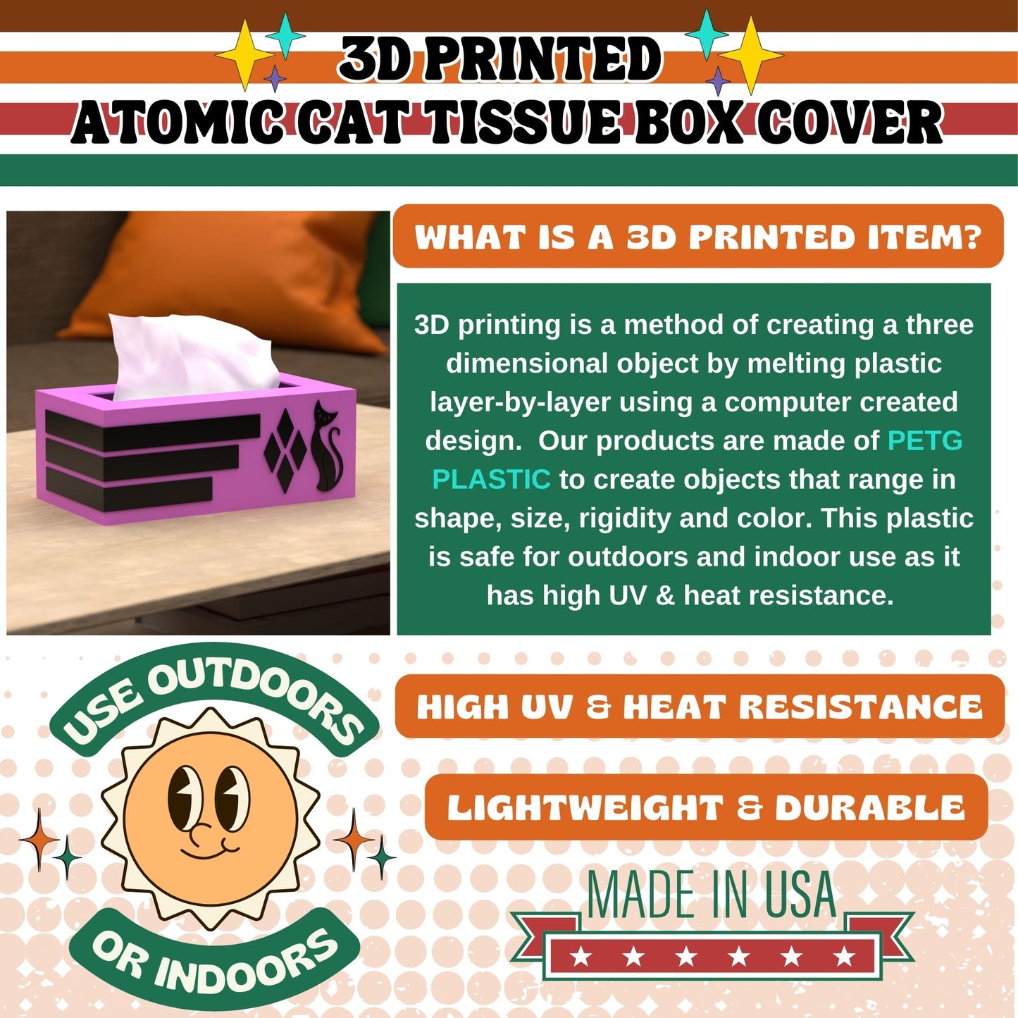 Atomic Cat Retro Rectangle Tissue Box Cover
