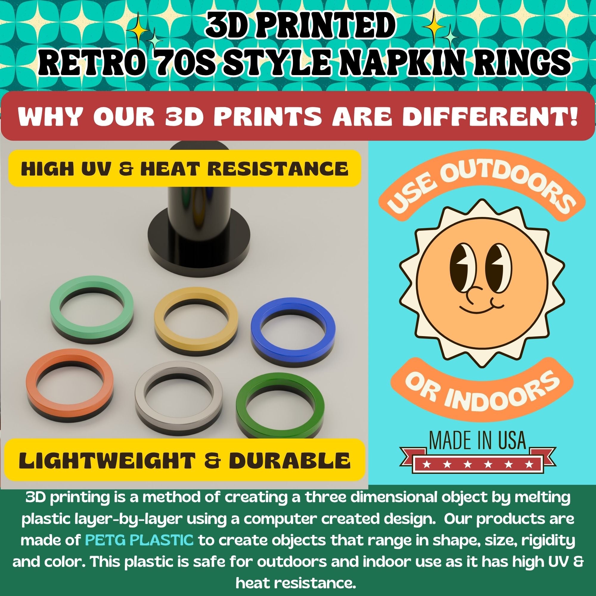 Groovy Retro 70s Style Napkin Ring Set with Holder