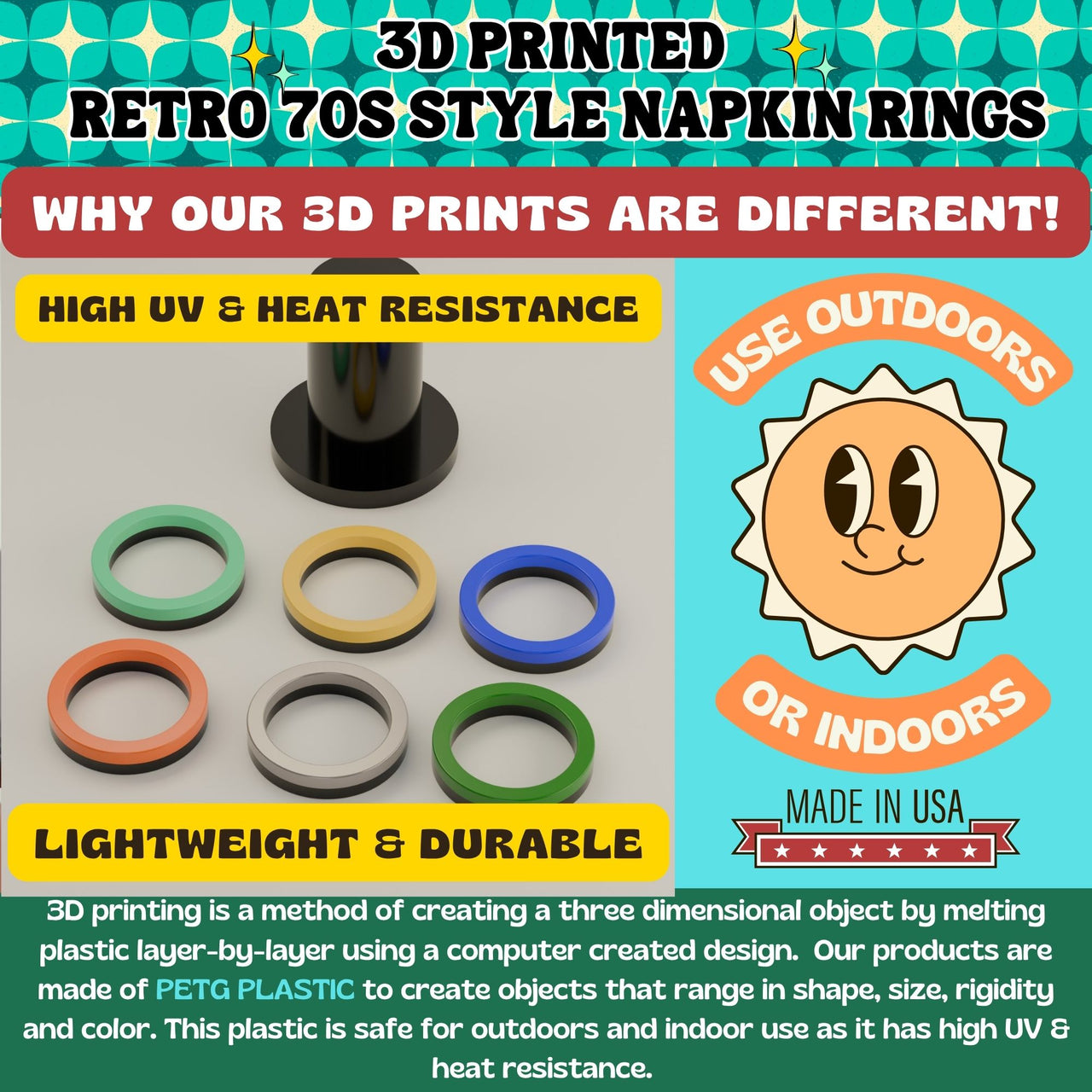 Groovy Retro 70s Style Napkin Ring Set with Holder