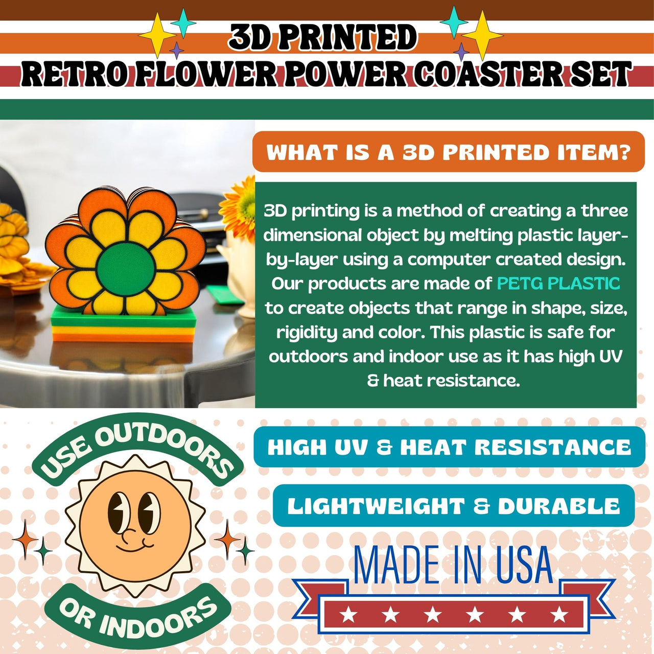 Groovy 1960s 70s Flower Power Coaster Set of 4 with Holder