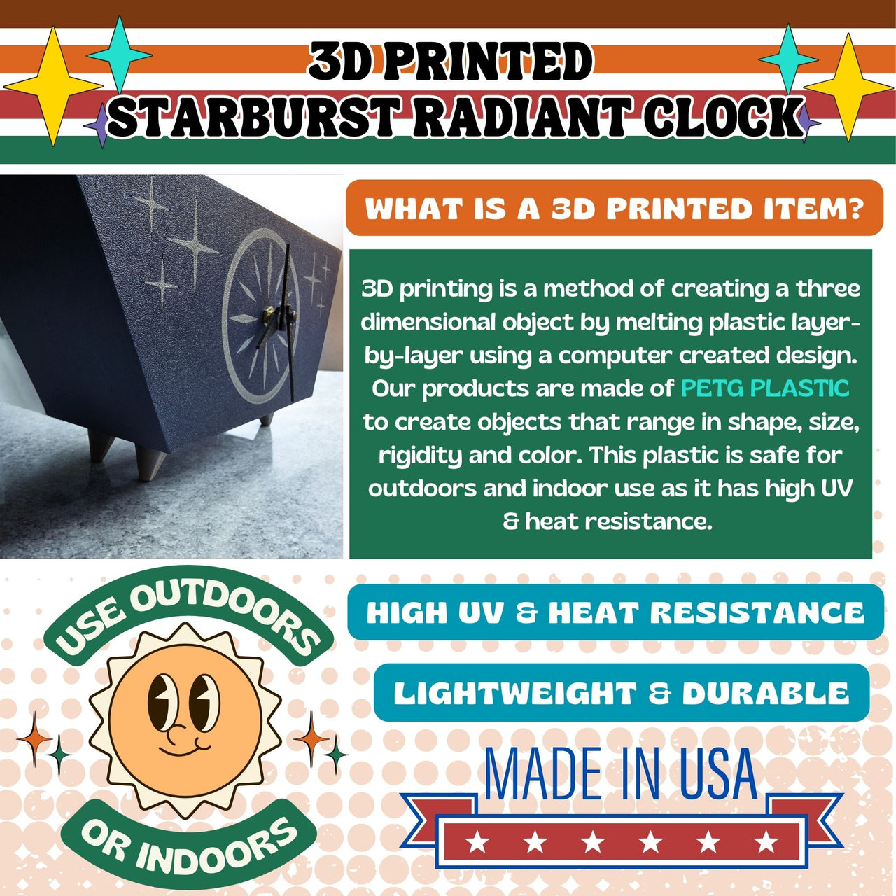 Starburst Radiant Desk Clock Mid Century Modern