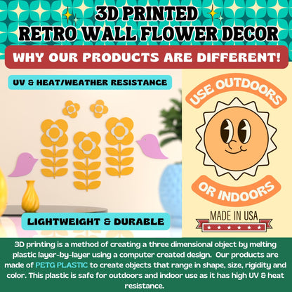 Retro 1970s Inspired Flower Power Bird Wall Decor Set