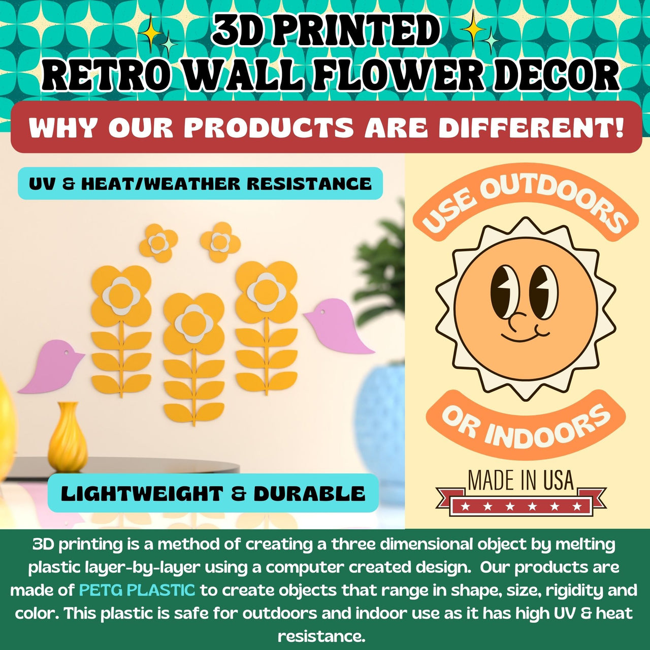 Retro 1970s Inspired Flower Power Bird Wall Decor Set