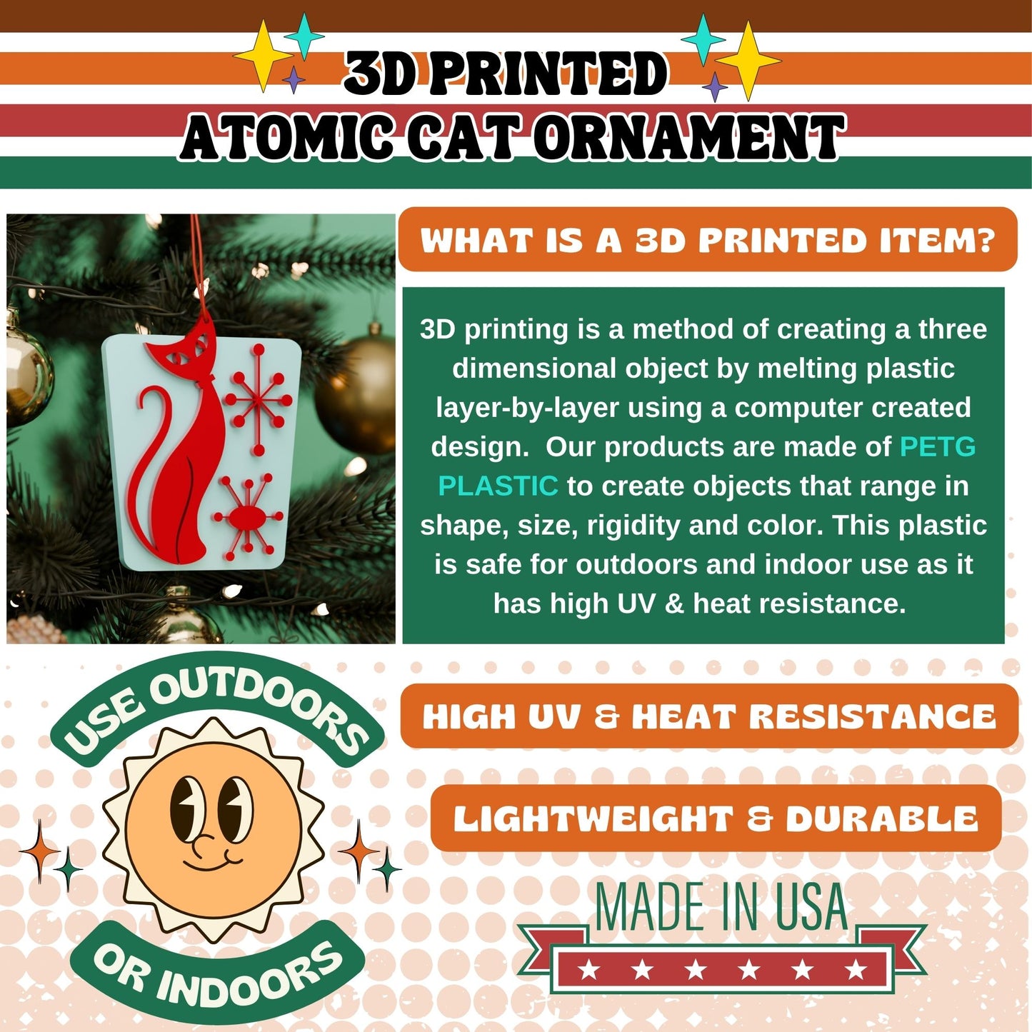 Atomic Cat Mid Century Modern Holiday Ornament