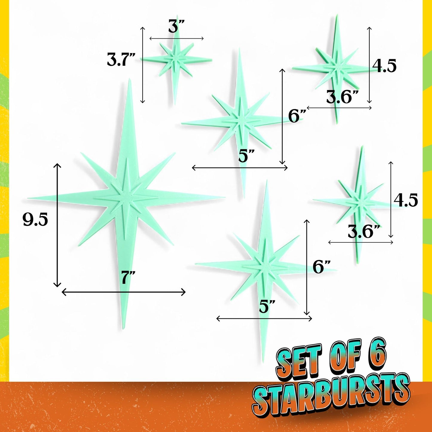 Retro Mini Mid Century Modern Starbursts Set of 6