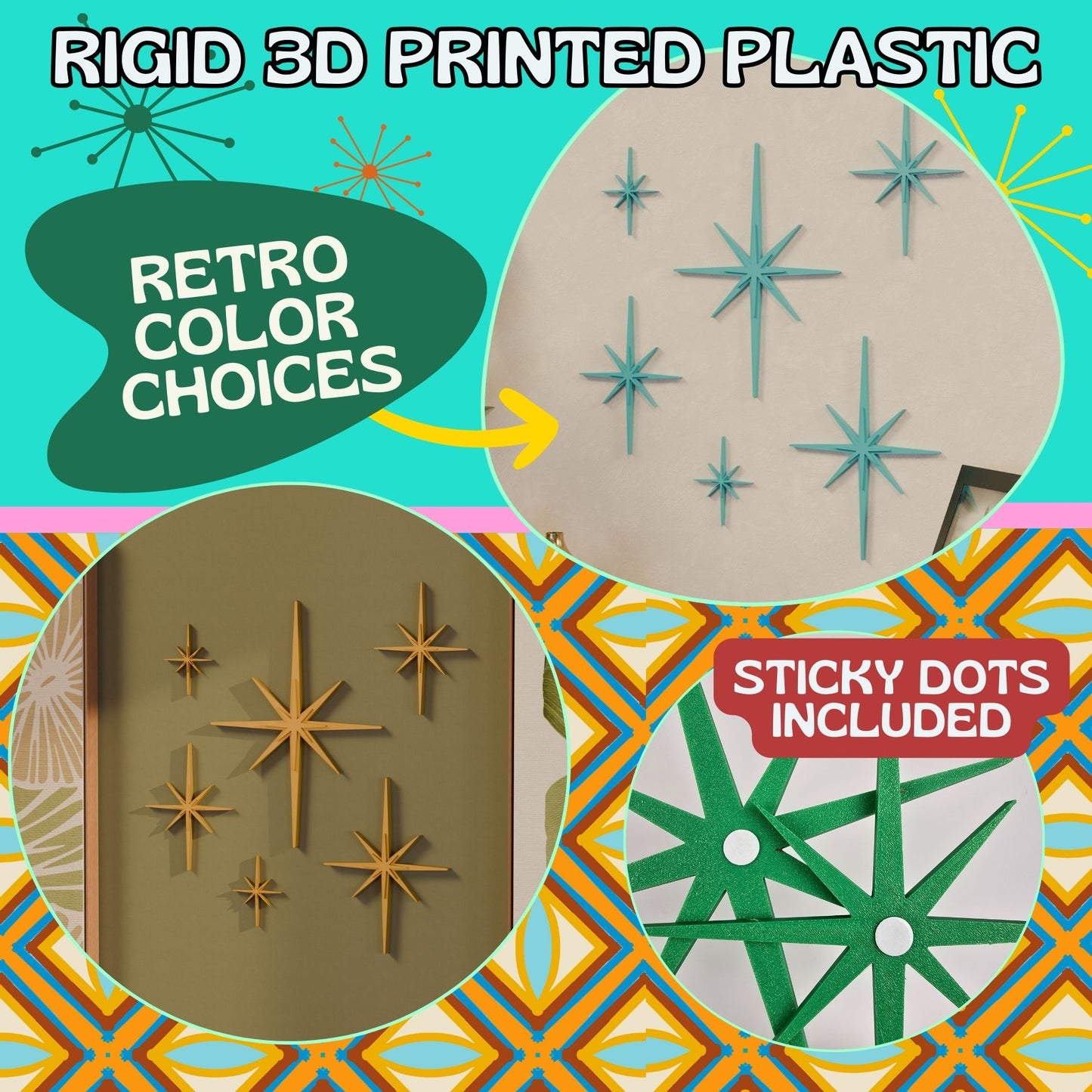 Mini Elongated Mid Century Modern Starbursts Wall Decor Set of 6