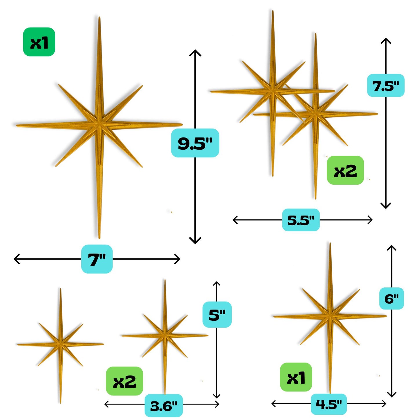 Mini Elongated Mid Century Modern Starbursts Wall Decor Set of 6