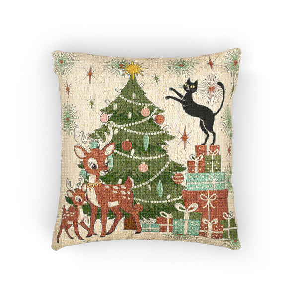 Atomic Cat Christmas Mid Century Modern Woven Pillow