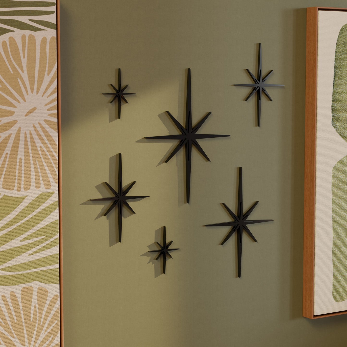 Mini Elongated Mid Century Modern Starbursts Wall Decor Set of 6