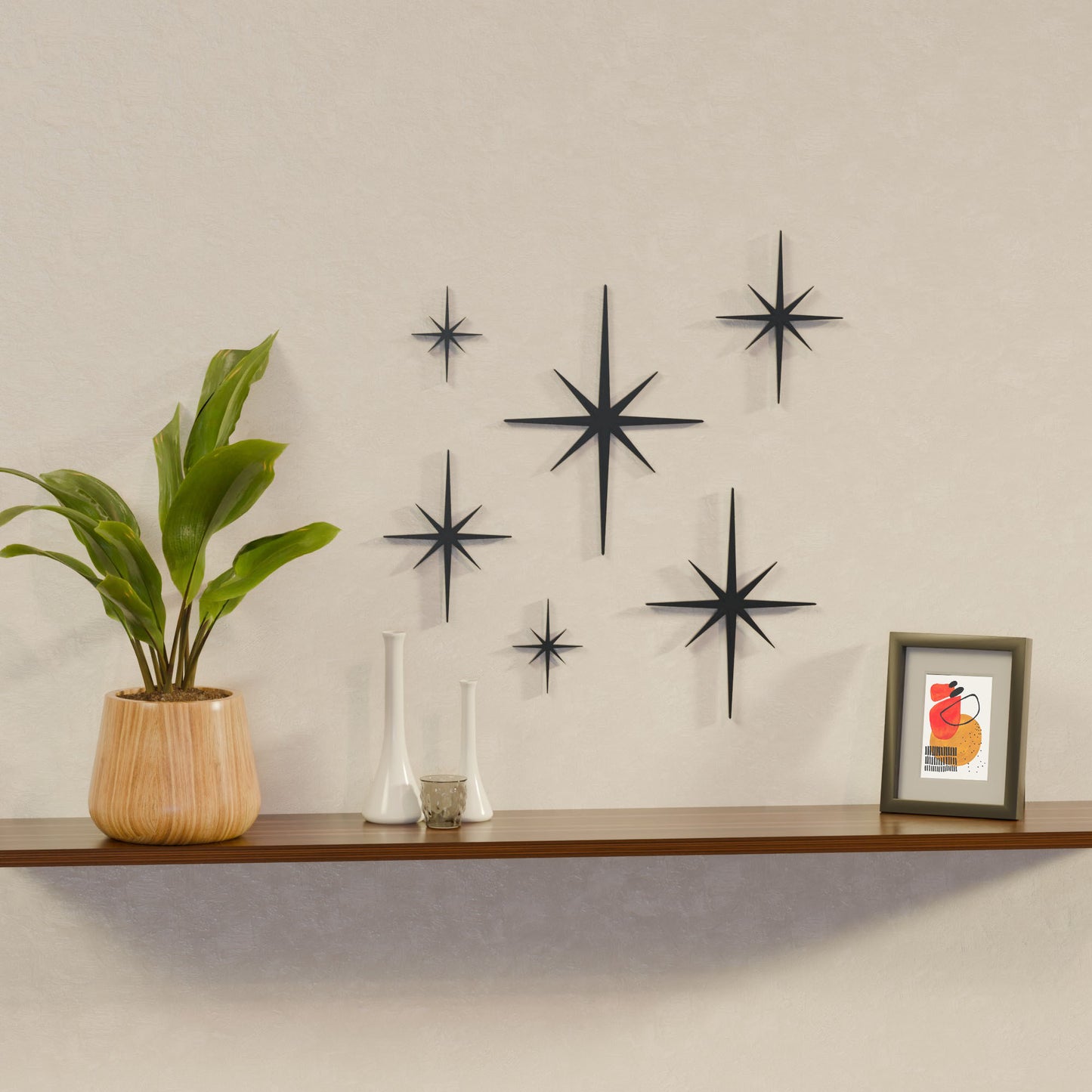 Mini Elongated Mid Century Modern Starbursts Wall Decor Set of 6