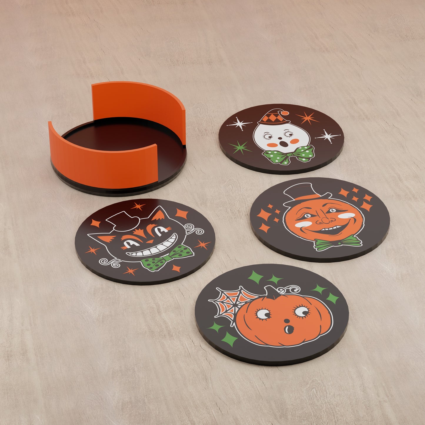 Retro MCM Style Halloween Cartoon Coaster Set of 4