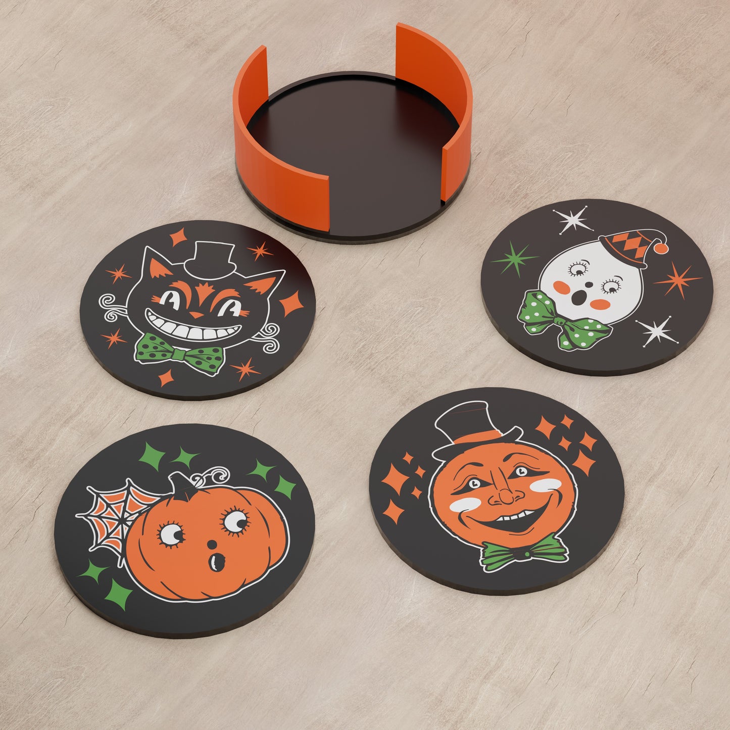 Retro MCM Style Halloween Cartoon Coaster Set of 4