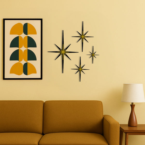 Mid Century Modern Elongated Starbursts Two Tone Wall Decor Set of 4 Indoor/Outdoor