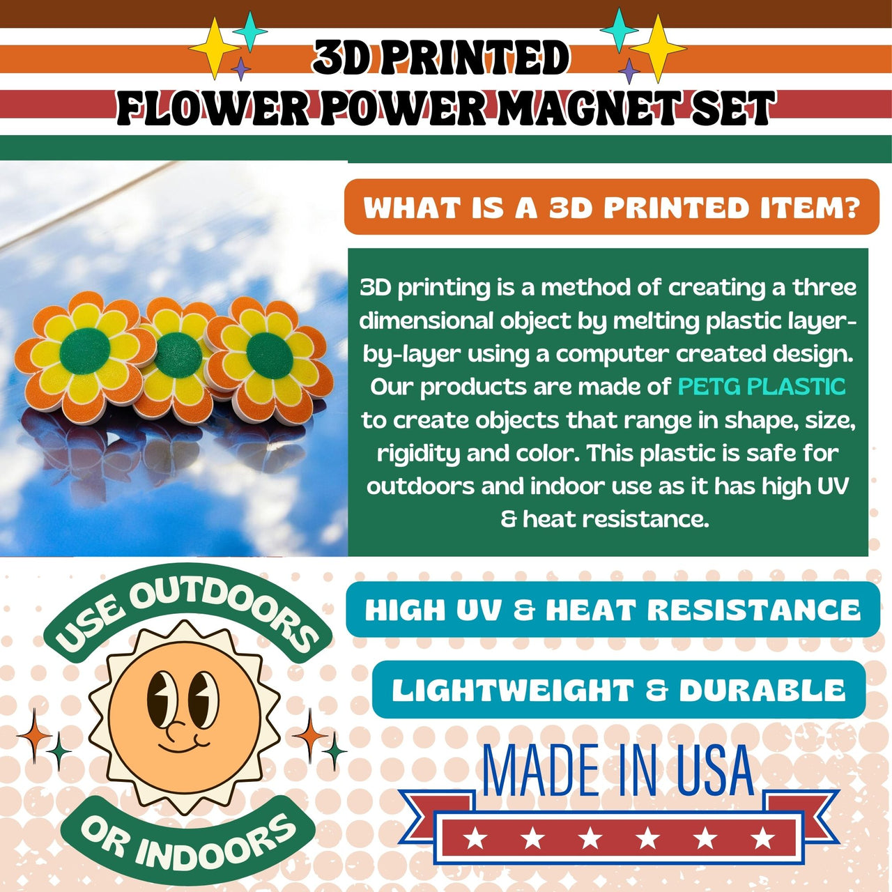 Retro Flower Power Magnet Set (Set of 3)