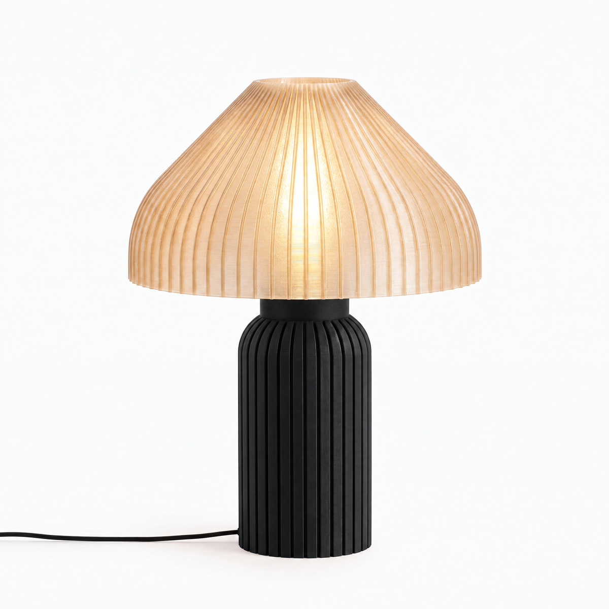 Chanterelle mushroom lamp with Black base and Stardust Champagne shade