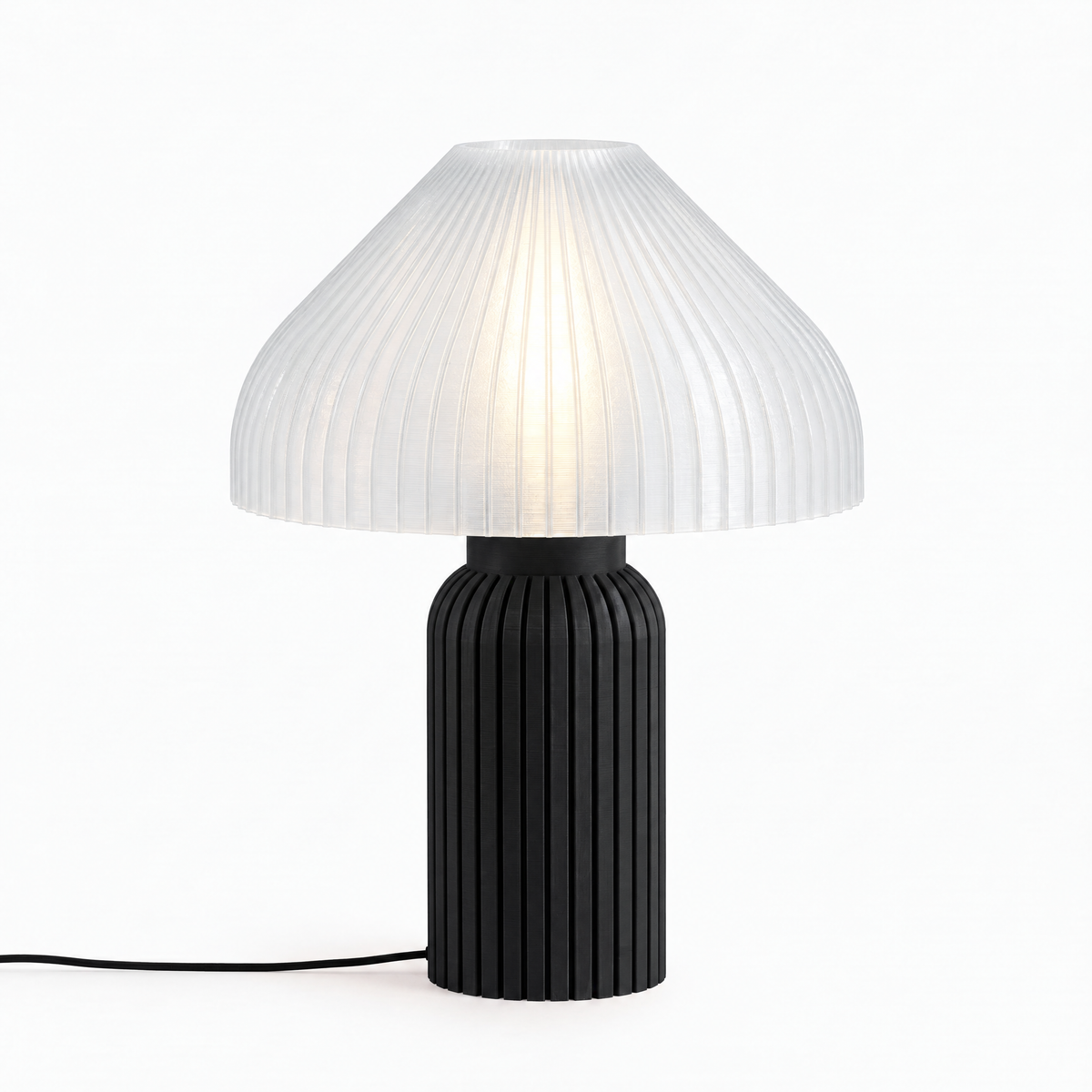Chanterelle mushroom lamp with Black base and Lunar Clear Frost shade