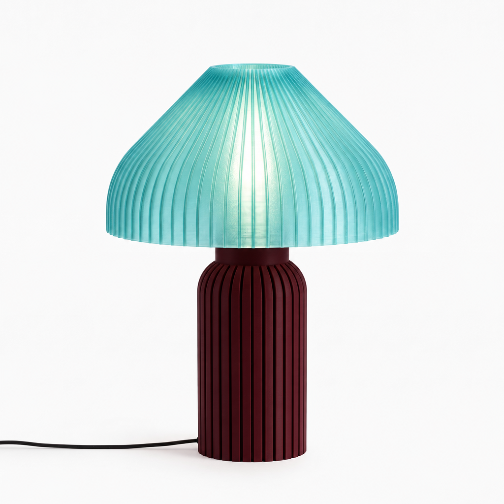 Chanterelle mushroom lamp with Black Cherry base and Astro Aqua shade