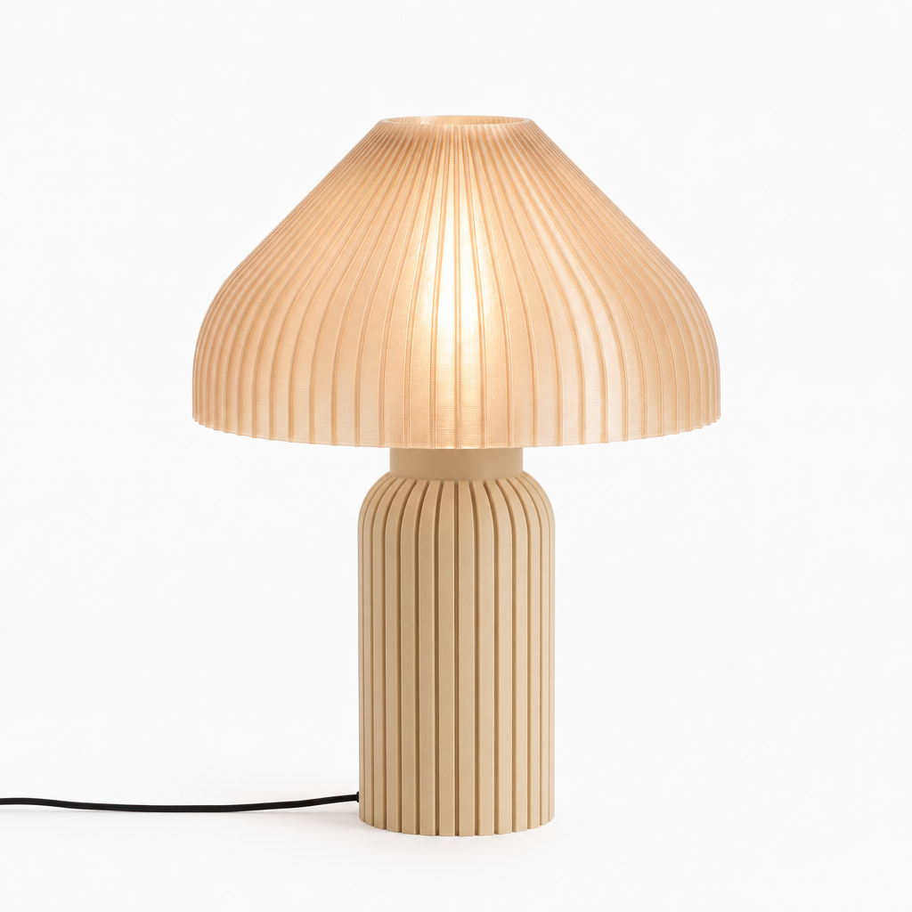 Chanterelle mushroom lamp with Beige base and Stardust Champagne shade