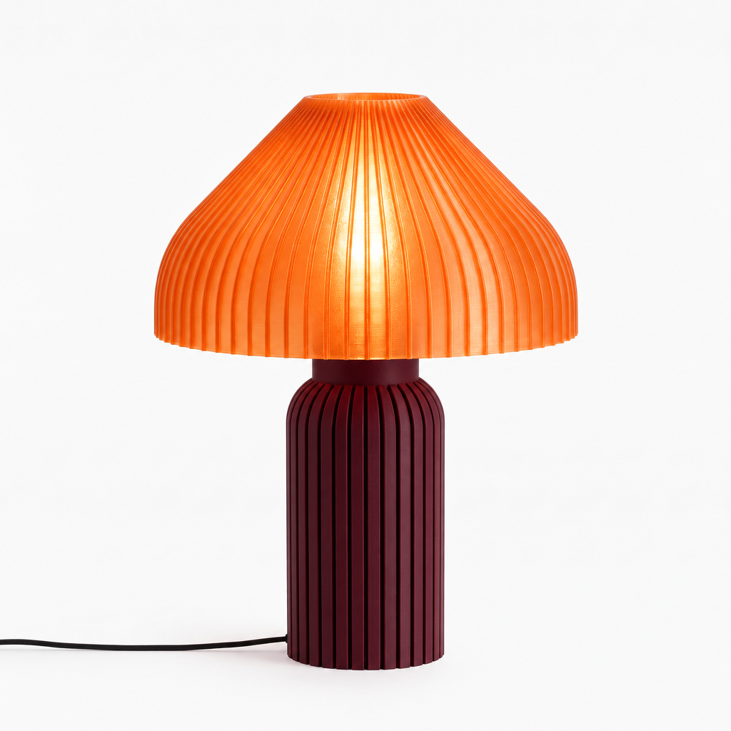 Chanterelle mushroom lamp with Black Cherry base and Supernova Orange shade