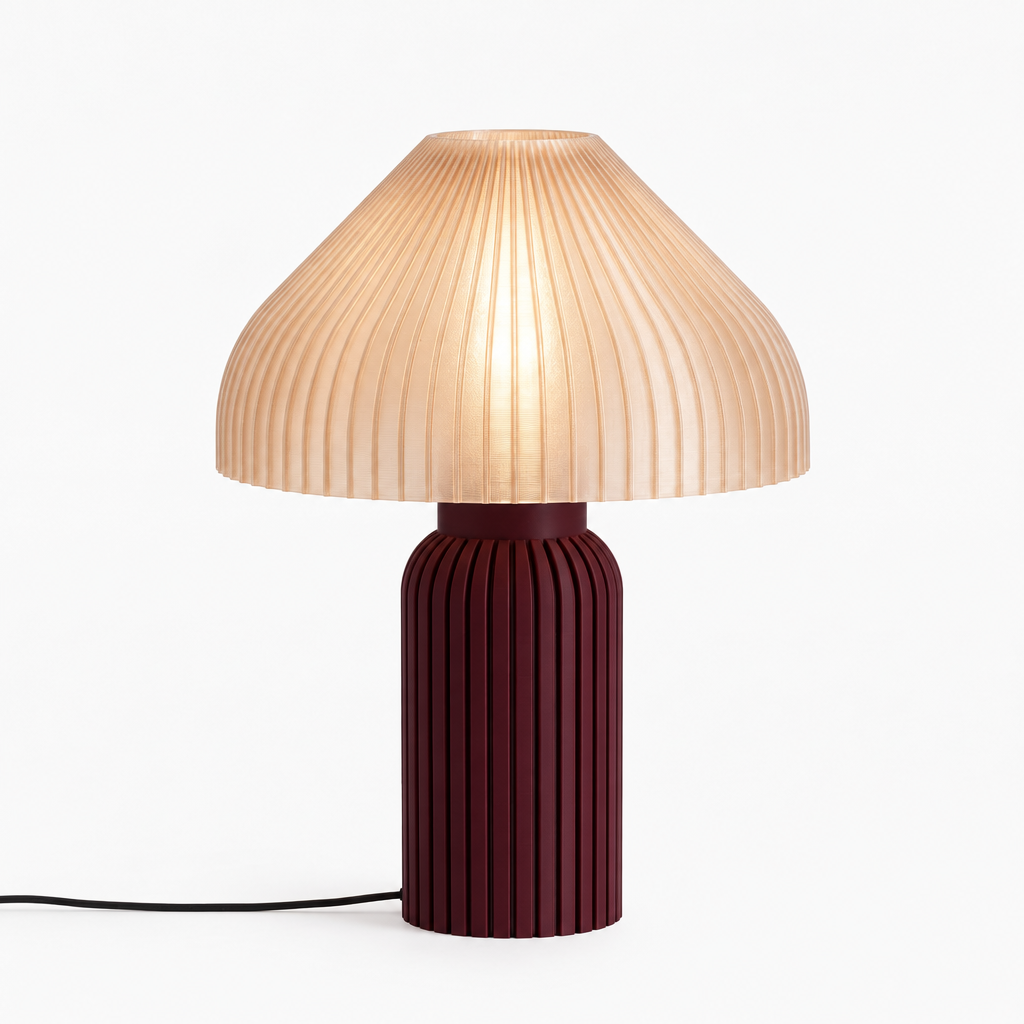 Chanterelle mushroom lamp with Black Cherry base and Stardust Champagne shade