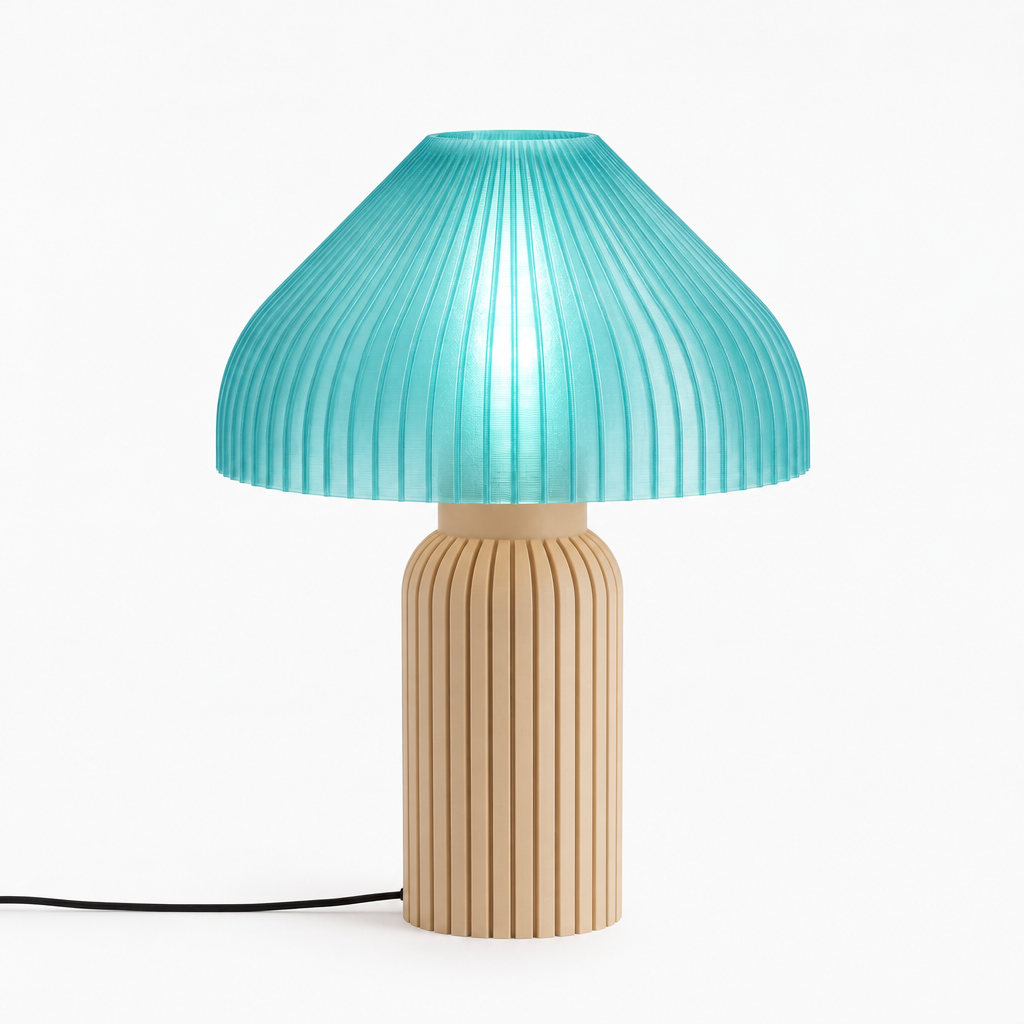 Chanterelle mushroom lamp with Beige base and Astro Aqua shade